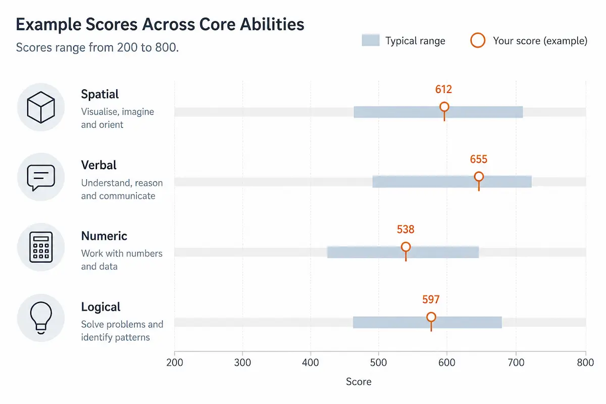 Bar chart showing typical score ranges for 123test's four Classical Intelligence Test subtests: spatial, verbal, numeric, and logical reasoning