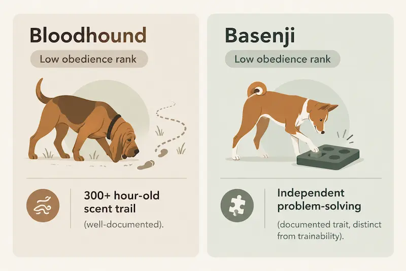 Comparison graphic showing how the Bloodhound's scent-tracking ability and the Basenji's independent problem-solving reputation both fall outside what Coren's obedience ranking measures