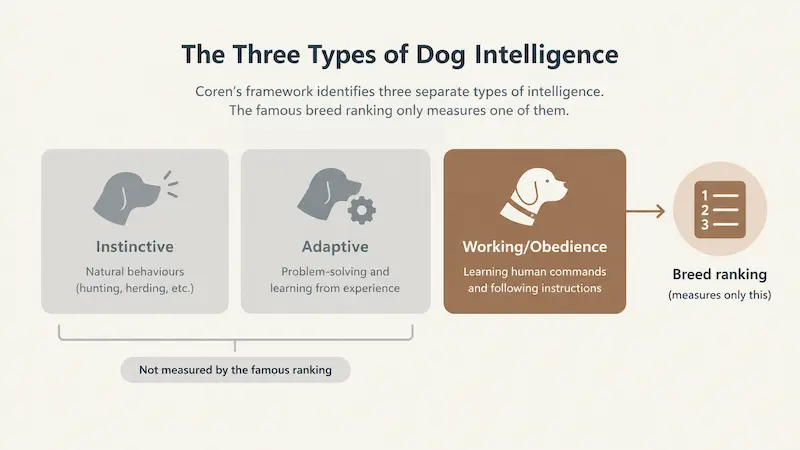 Diagram showing Stanley Coren's dog intelligence survey methodology and the three types of dog intelligence, only one of which his ranking measures
