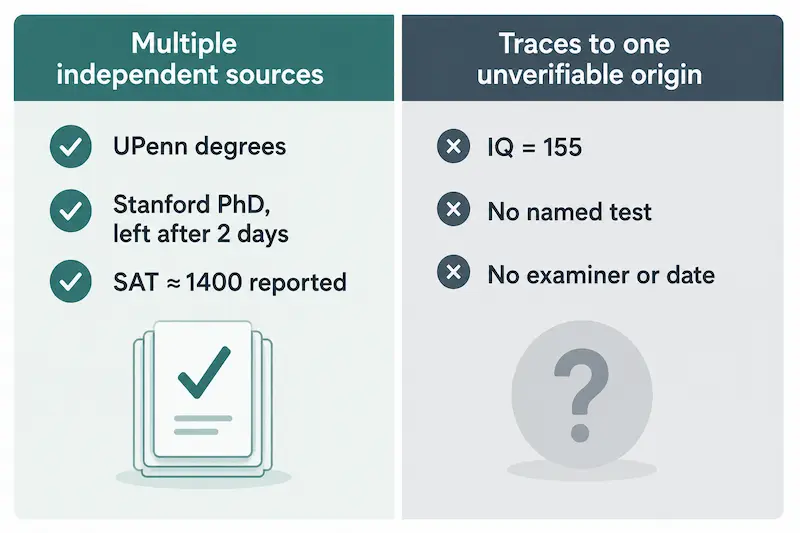 Comparison graphic showing which claims about Elon Musk are corroborated across multiple independent sources versus claims that trace back to a single unverifiable origin