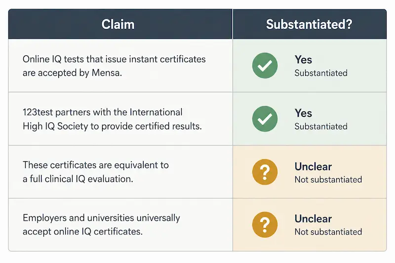 Comparison table graphic showing marketing phrases from several IQ-certificate websites next to what is actually substantiated behind each claim