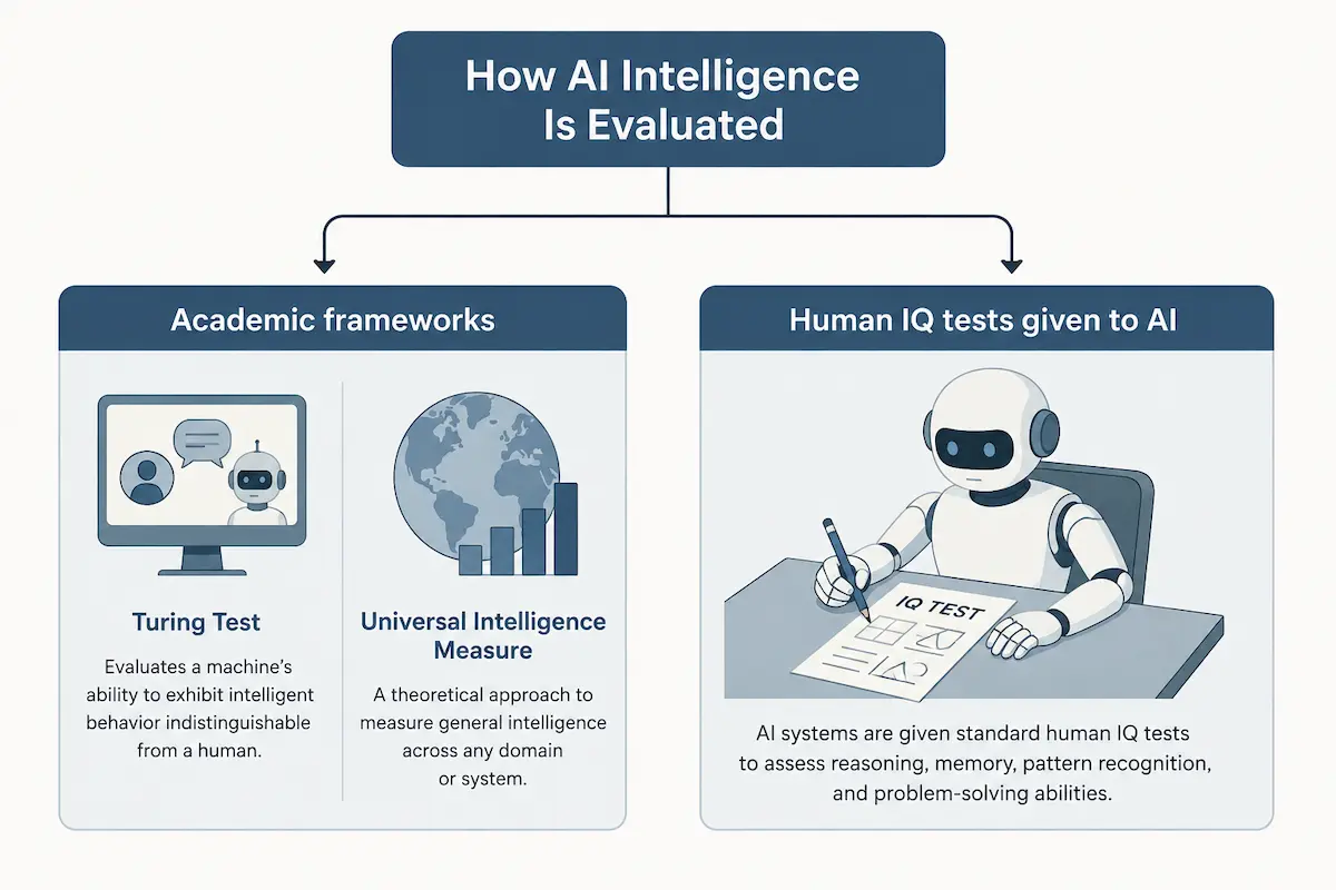 Diagram showing two distinct approaches to machine intelligence testing — academic frameworks versus giving AI models human IQ tests