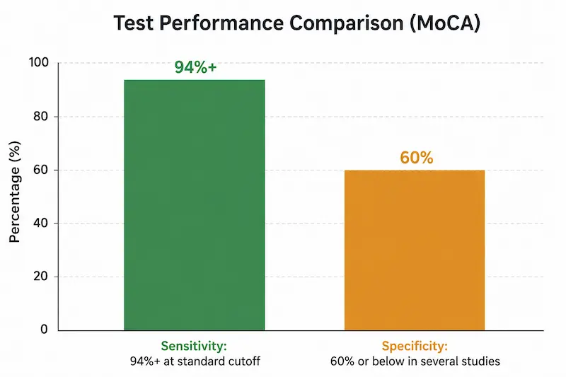 Bar chart comparing the MoCA's high sensitivity for detecting dementia against its lower specificity, illustrating the test's false-positive tradeoff