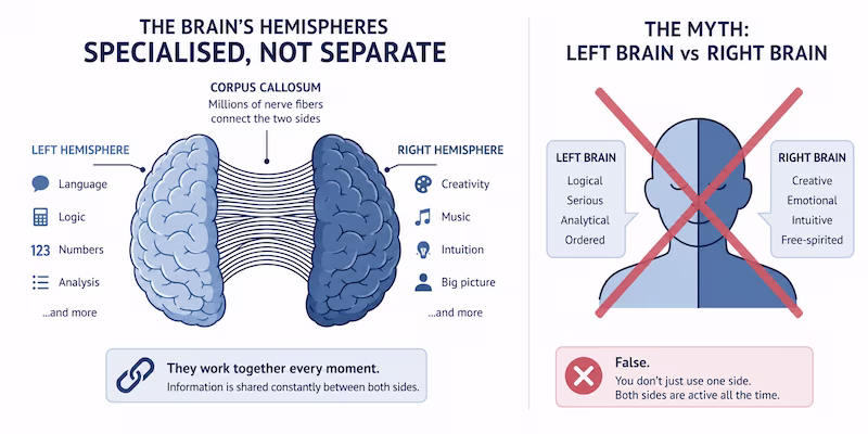 Diagram showing the brain's two hemispheres as densely interconnected rather than functioning as separate independent halves