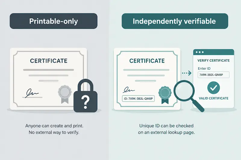 Side-by-side comparison of a printable-only IQ certificate versus an independently verifiable one with a checkable unique ID