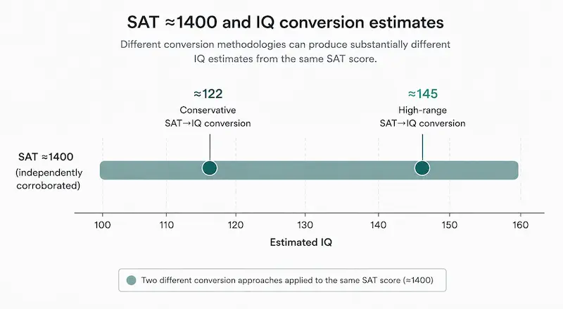 Chart showing how the same reported SAT score of 1400 produces different IQ estimates depending on the conversion method used