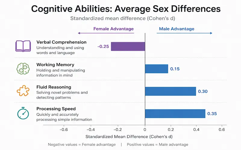 Diverging bar chart showing small sex differences across specific cognitive abilities including spatial, verbal, and processing speed tasks