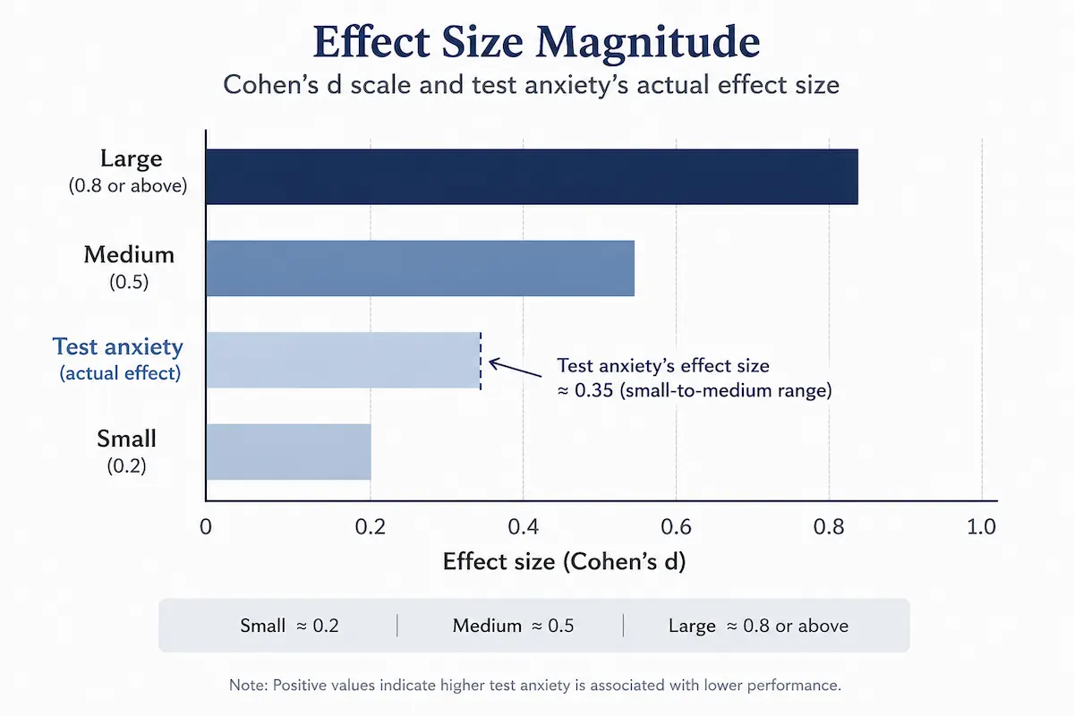 Bar chart showing test anxiety's effect size on performance falling in the small-to-medium range
